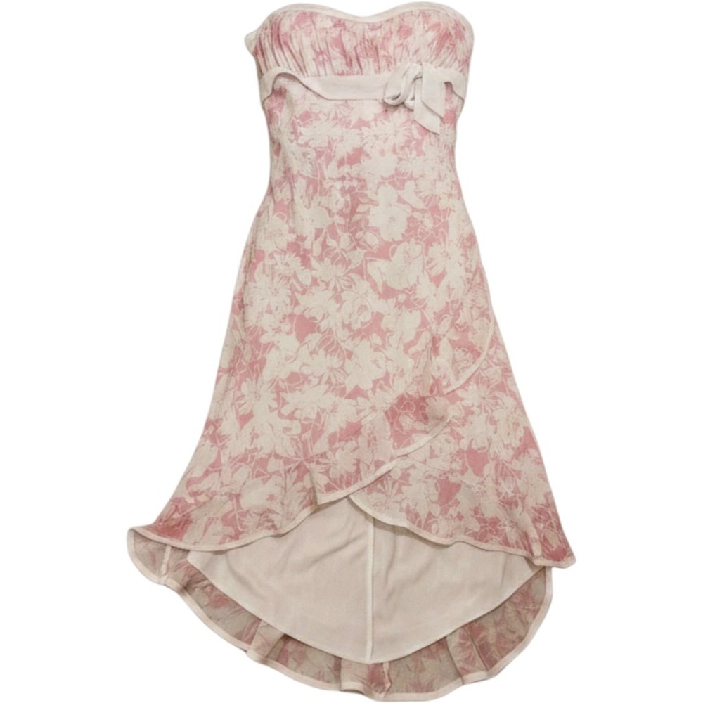 Floral Strapless Midi Dress Pink White High‎ Low Bow Party Cocktail Y2K